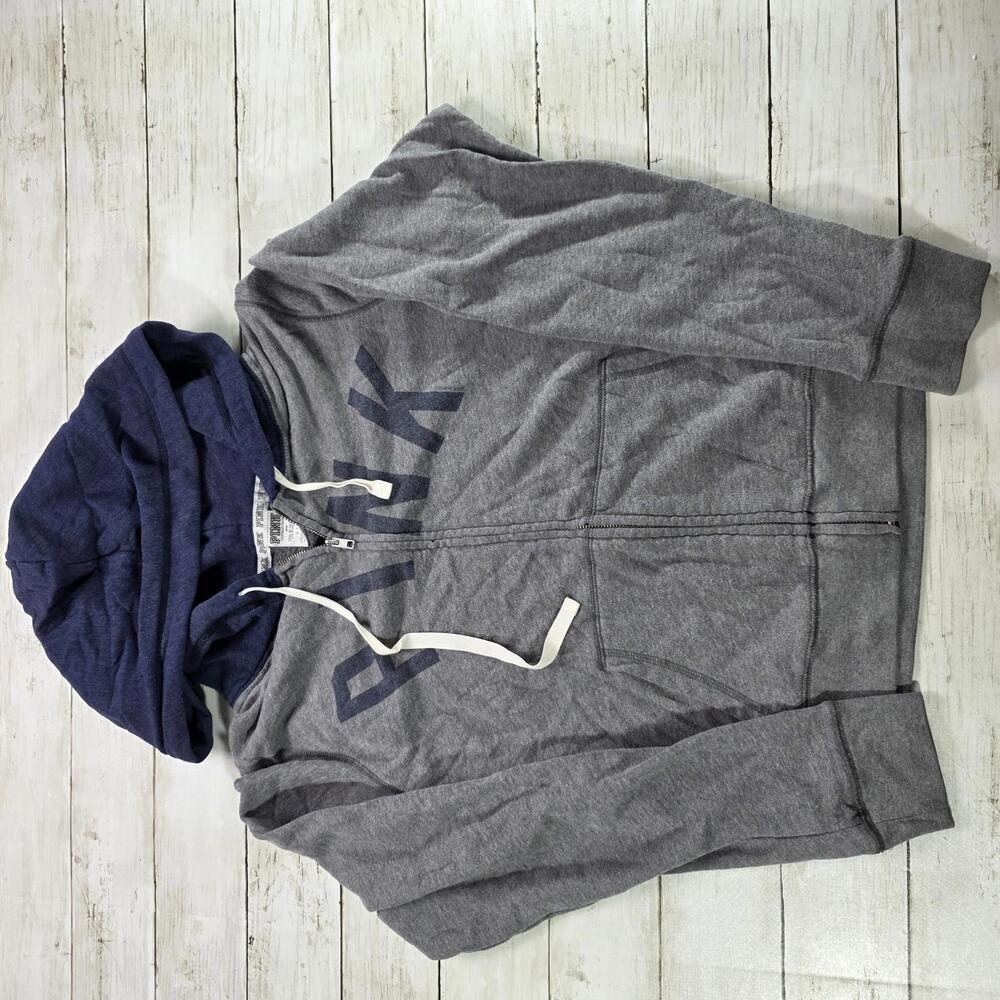 Victoria's Secret PINK Gray and Navy Zip-Up Hoodie Sweatshirt Sz L